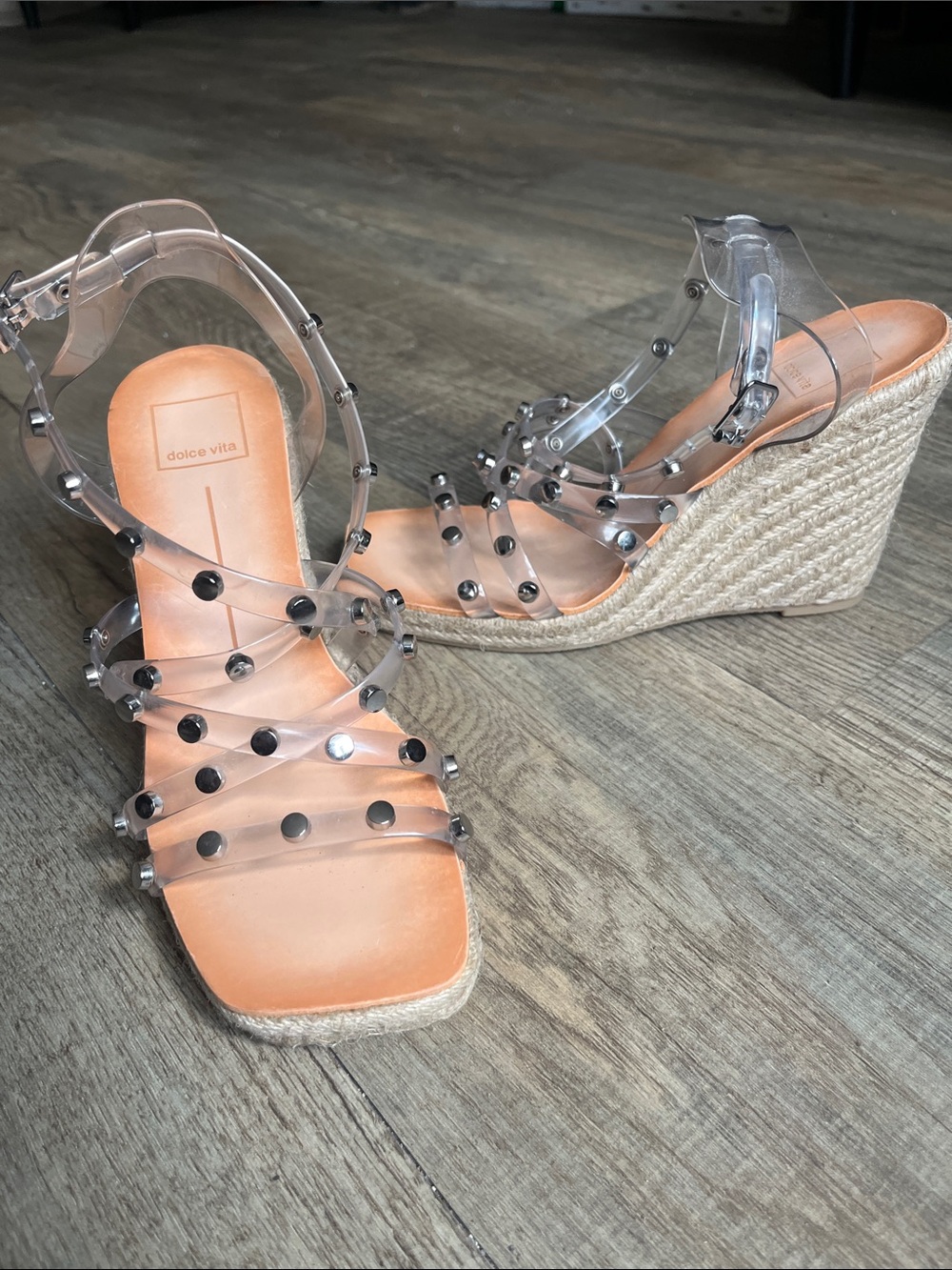 Dolce Vita Clear Studded Espadrille Wedges with Nude Insole